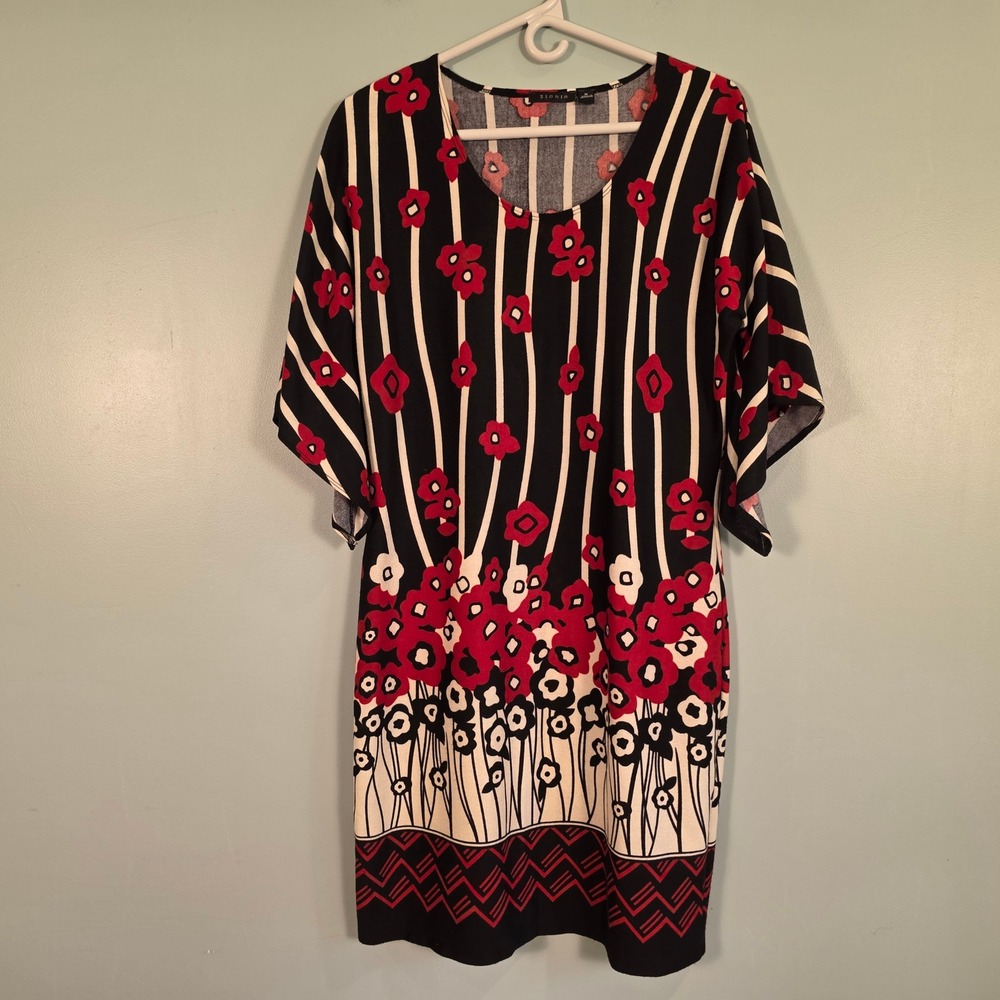 Sioni Floral Stripe Knit Shift Dress Red Black White Short Angled Sleeve Medium